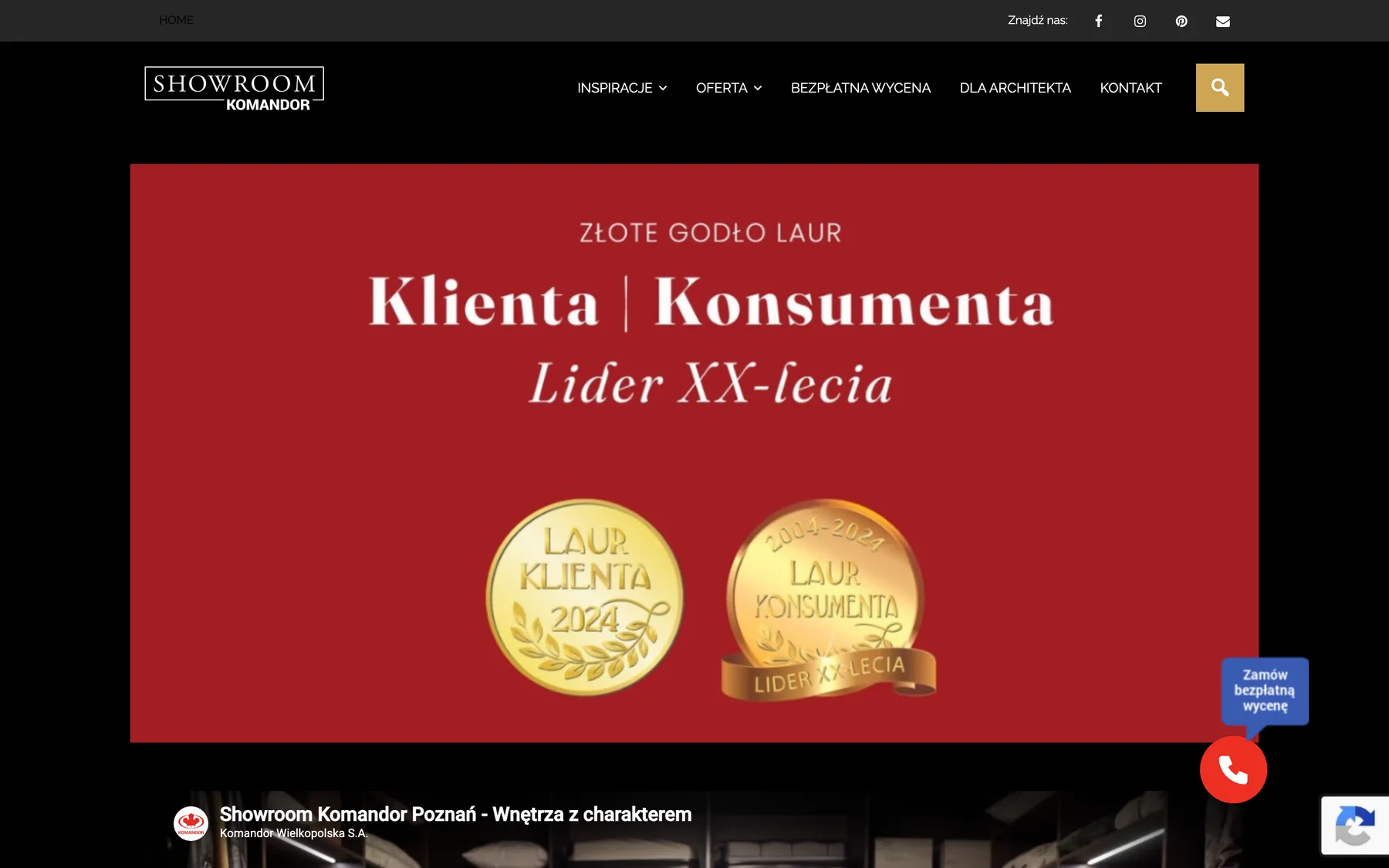 Obecna strona główna showroomkomandor.pl na laptopie — czerwony baner z nagrodą Laur Klienta 2024 zajmuje pierwszy ekran